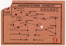 604442 Kaartje (vervoersbewijs) van de Gemeentetram Utrecht (G.T.U.) met het gestileerde routenetwerk van de ...